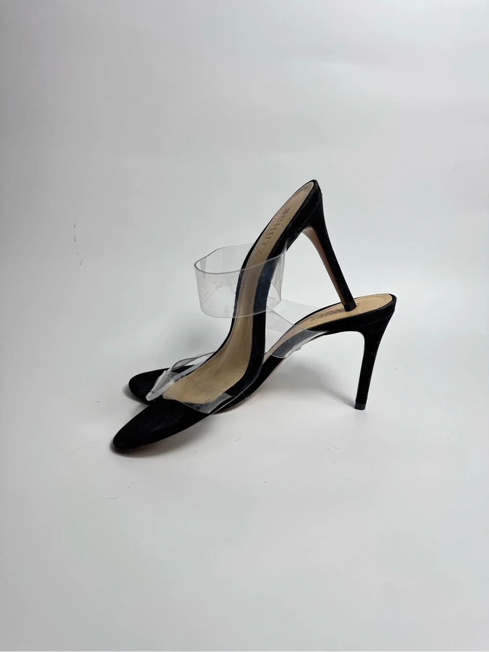 SCHUTZ Black and Clear PVC Strap Heeled Sandals